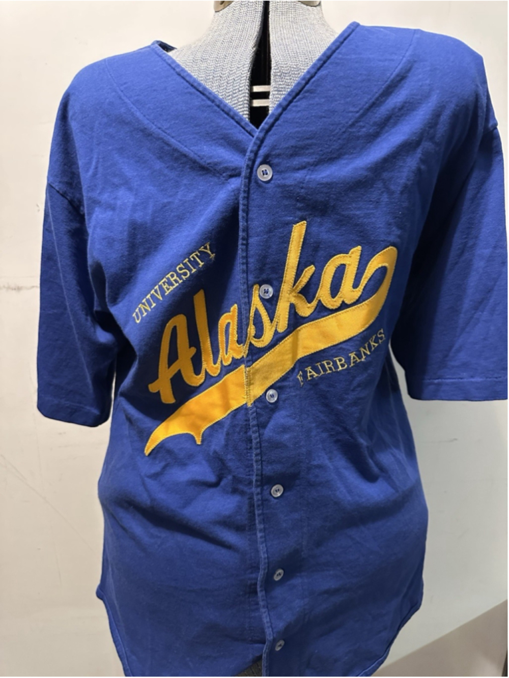 Vintage University Of Alaska Fairbanks Baseball Jersey Button Up Blue Yellow